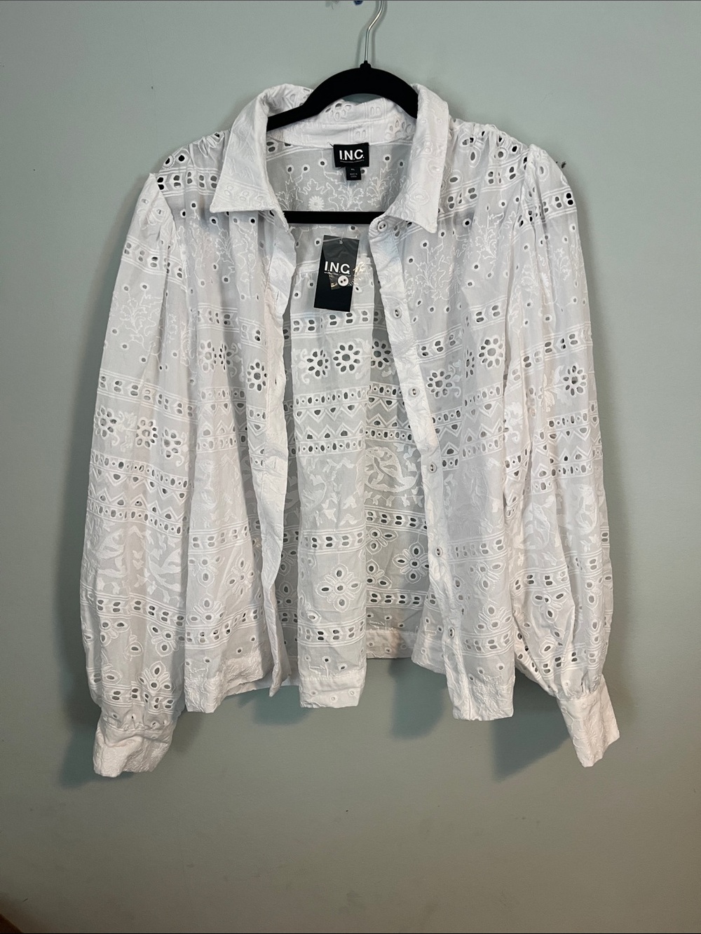INC International Concepts Bright White Eyelet Button-Up Blouse